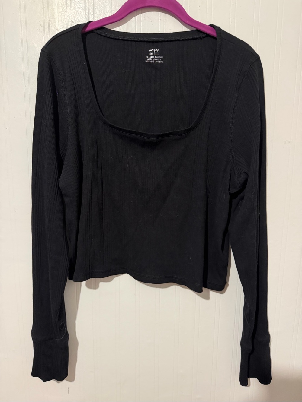 aerie Black Ribbed Square Neck Long Sleeve Top